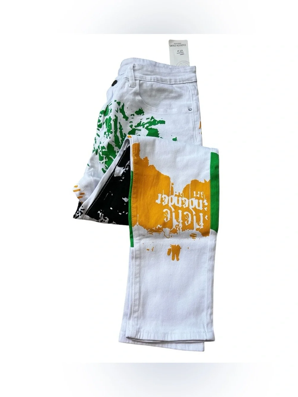Slim White Men's Jeans with Black, Green & Yellow Graphic Prints